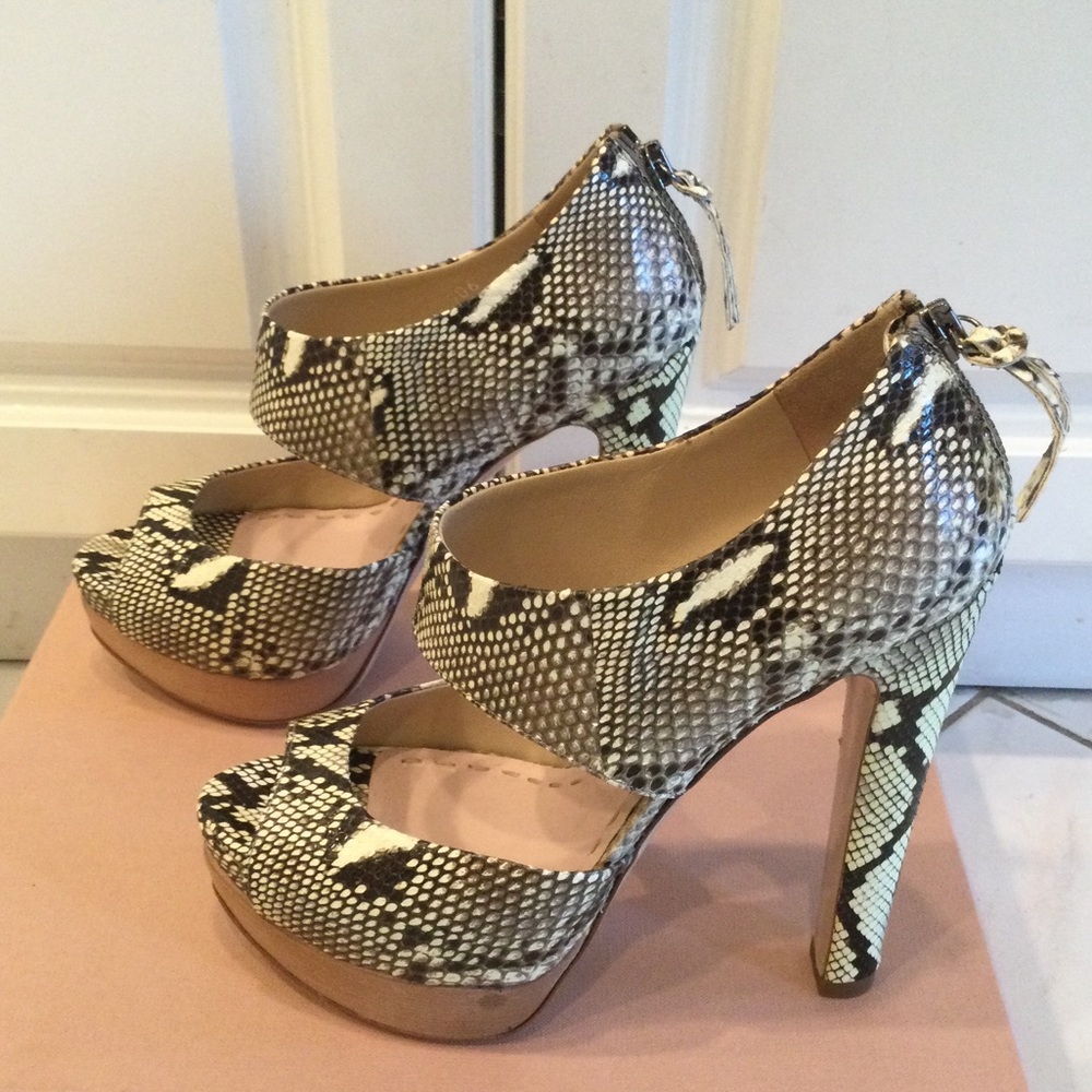Miu Miu Python Snake Platform Peep Toe Heels - image 1